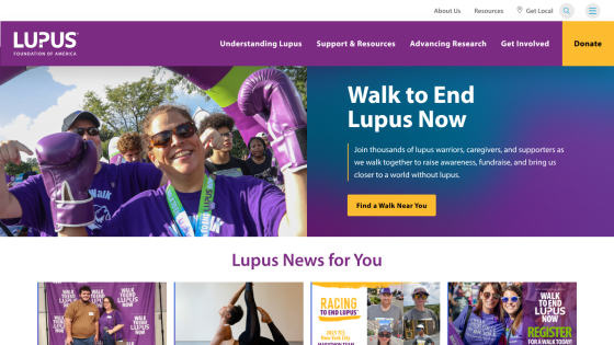 Homepage promoting the Walk to End Lupus Now event with vibrant visuals and key information.