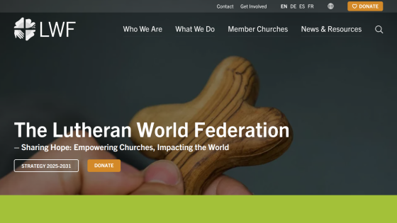 Homepage of the Lutheran World Federation with a call to action to donate.
