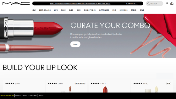 MAC Cosmetics homepage featuring lip products and a call to action for lip look customization.