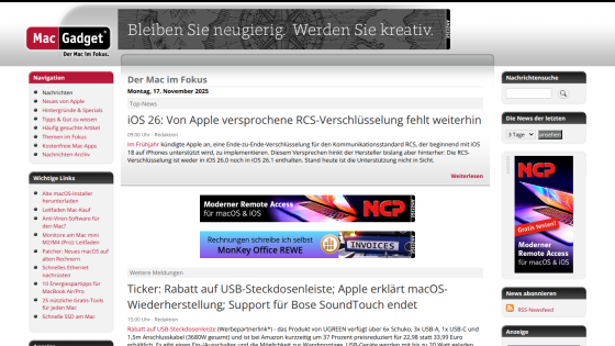 Mac Gadget website with news on iOS 26 RCS encryption and Mac-related articles dated 17 November 2025