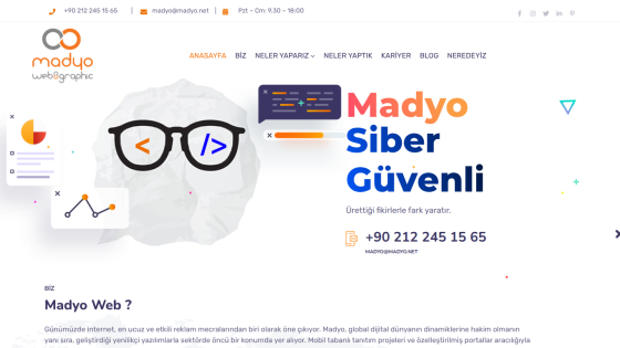 Madyo Web graphic homepage with contact info, navigation menu, and slogan about creating difference with ideas