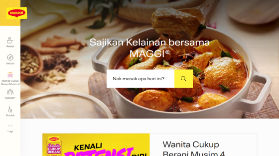 Maggi website with a spicy chicken curry dish and search bar asking what to cook today