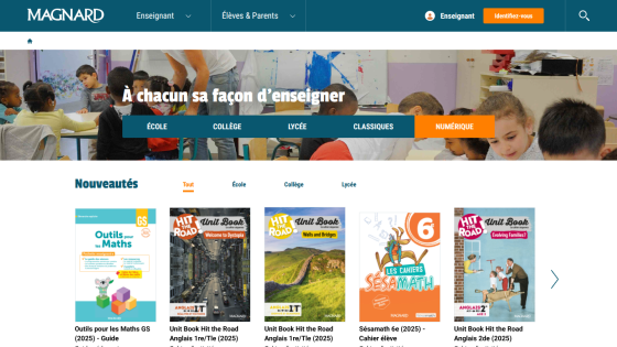 Magnard educational website homepage with navigation for teachers and parents, featuring new books for various school levels.