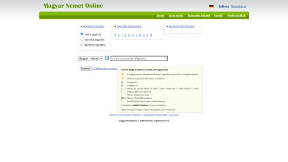 Magyar Német Online dictionary homepage with search options and special characters for Hungarian-German translation