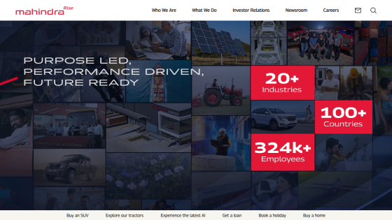 Homepage of Mahindra showcasing key statistics and a purpose-driven message.