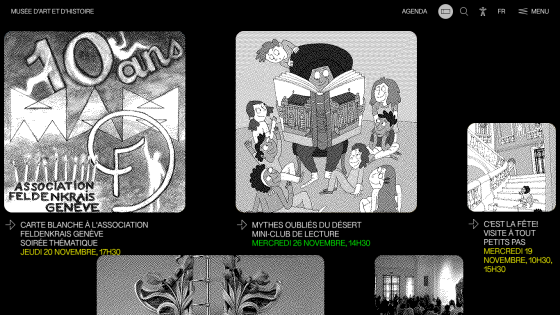 Musée d'Art et d'Histoire website showing upcoming events with dates and times in November