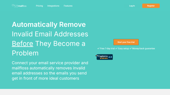 Mailfloss homepage offering automatic removal of invalid email addresses with free trial and high user rating.