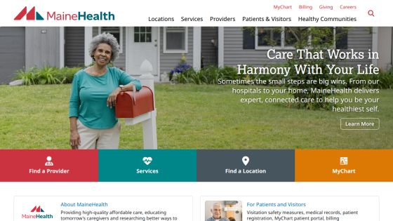 Homepage of MaineHealth featuring a woman by a mailbox and key service links.