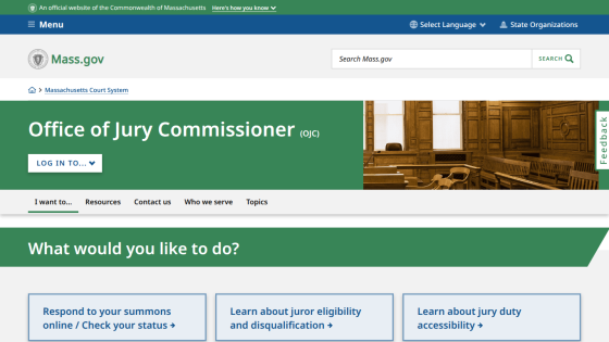 Massachusetts Office of Jury Commissioner homepage with navigation and options to respond to summons, learn about juror eligibility and jury duty accessibility