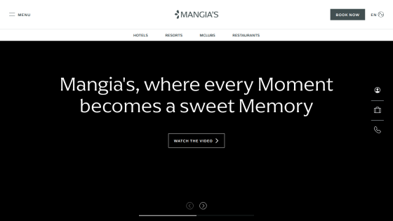 Mangia's website header with navigation and hero text 'Mangia's, where every Moment becomes a sweet Memory' and a watch video button