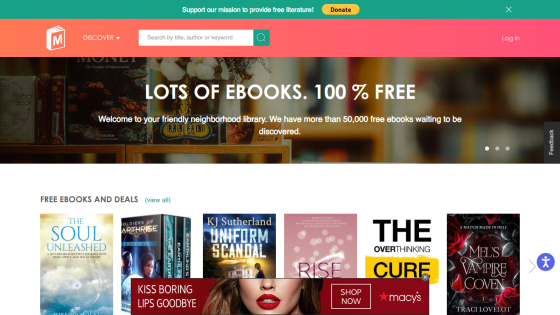 Homepage featuring free ebooks with a welcoming message and promotional banners.