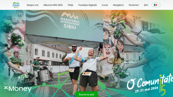 Maratonul International Sibiu event page with runners celebrating and call to action to register for May 29-31, 2026