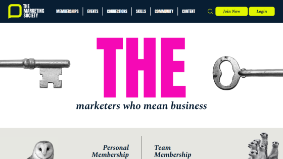The Marketing Society homepage with navigation and slogan 'marketers who mean business'