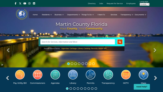 Martin County Florida official site with navigation menu, search bar, and quick links for services like utility bills and permits