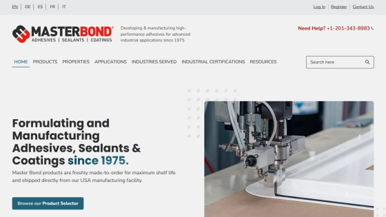 Homepage of Master Bond showing adhesive manufacturing since 1975 with product selector button and industrial machine image.