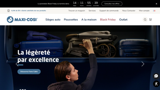 Maxi-Cosi homepage with Black Friday countdown, navigation menu, and hero image of woman placing stroller in overhead compartment with text about lightness.
