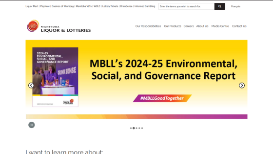 Manitoba Liquor & Lotteries homepage featuring 2024-25 Environmental, Social, and Governance Report announcement