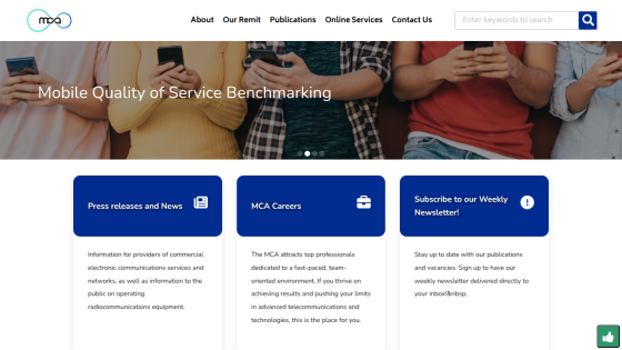 Mobile Quality of Service Benchmarking homepage with navigation and sections for press releases, careers, and newsletter subscription.