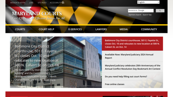 Maryland Courts homepage featuring navigation and a building image.