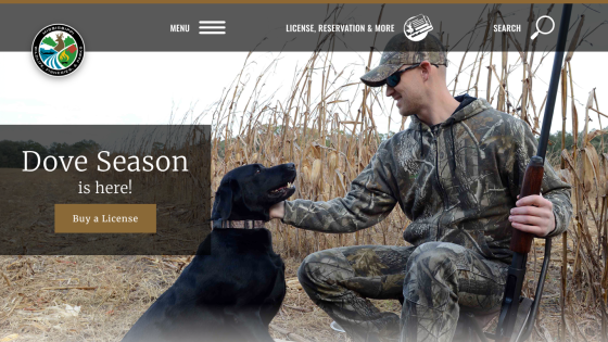 Dove season announcement with a hunter and dog in a field, featuring a call to action to buy a license.