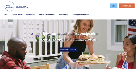 Meat Institute website header with navigation and hero section showing people enjoying sandwiches and text about nourishing with animal protein