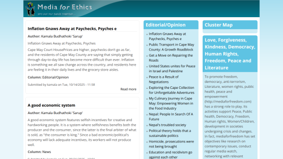 Media for Ethics website featuring articles on inflation impact and economic system, with editorial opinions and cluster map on ethics topics.
