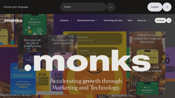 .monks website header with navigation and tagline Accelerating growth through Marketing and Technology