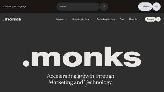 .monks website homepage with tagline 'Accelerating growth through Marketing and Technology' and top navigation menu