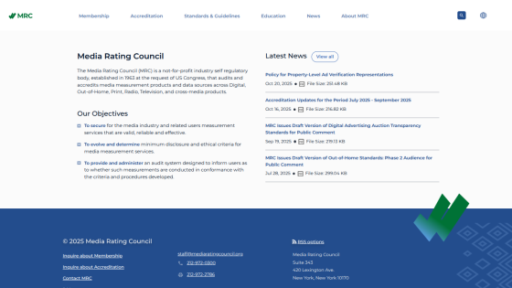 Media Rating Council homepage with mission statement, objectives, and latest news updates