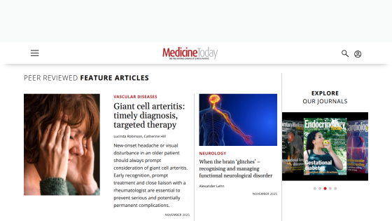 Medicine Today journal homepage featuring peer-reviewed articles on giant cell arteritis and neurological disorders, with journal exploration section