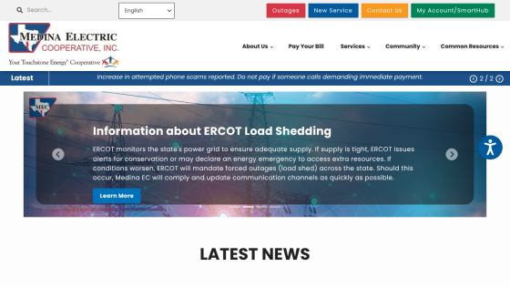 Medina Electric Cooperative homepage with navigation menu, alert about phone scams, and information on ERCOT load shedding with a Learn More button