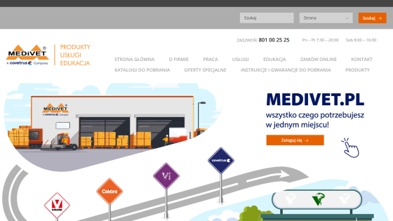 Medivet.pl homepage with navigation menu, contact info, login button, and illustration of warehouse and brand logos