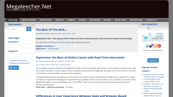 Megaleecher.Net homepage with technology tips, online casino article, user login, and popular stories sections