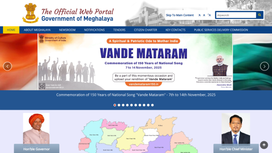 Official Government of Meghalaya web portal with Vande Mataram commemoration banner and navigation menu