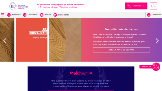 Institut de l'Entreprise Melchior educational platform homepage with navigation and featured article on AI and employment.