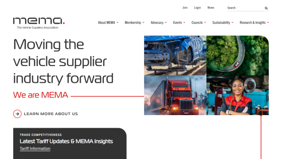 MEMA homepage with navigation, headline 'Moving the vehicle supplier industry forward', and images of vehicles and a mechanic