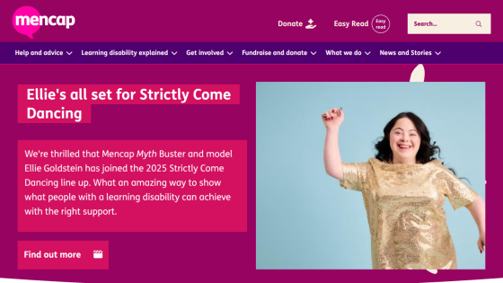 Announcement about Ellie Goldstein joining Strictly Come Dancing with a supportive message.