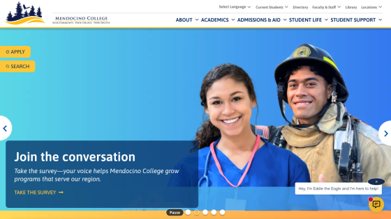 Mendocino College homepage with navigation, call to join survey, and images of smiling healthcare and firefighter students
