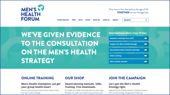 Men's Health Forum homepage with navigation, campaign message on men's health strategy, and links to training, shop, and campaign info