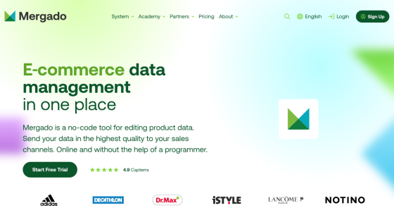 E-commerce data management tool Mergado with navigation, call to action, and client logos.