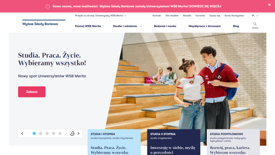 Homepage featuring students on steps with text about studies and life choices.