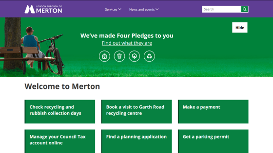 Homepage of Merton Council featuring services and events with a green welcome section.