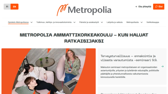 Metropolia University homepage featuring students and a welcome message.