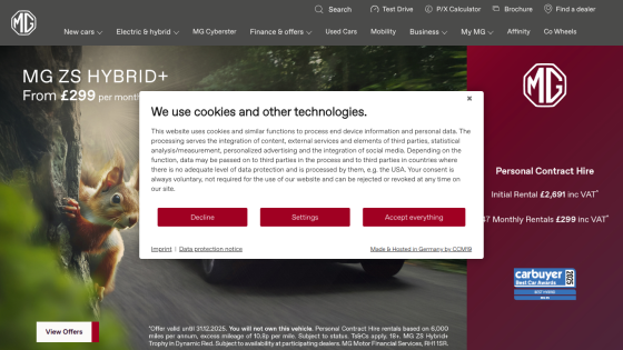 MG ZS Hybrid+ car advertisement with pricing and personal contract hire details