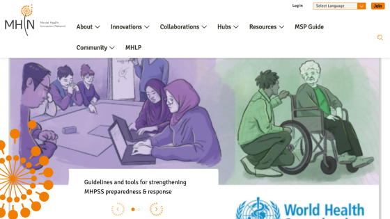 Mental Health Innovation Network homepage with navigation menu and hero section about MHPS preparedness and response guidelines