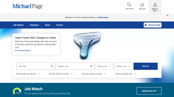 Michael Page job search homepage with talent trends report, job search fields, and job match tool
