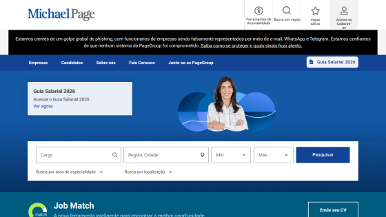 Michael Page job search homepage with salary guide 2026 and job match search form in Portuguese