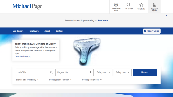 Michael Page job search homepage with navigation, talent trends report, and job search filters for title, location, and salary