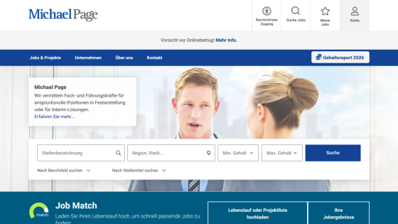 Michael Page job search homepage with navigation, job search form, and job match upload feature