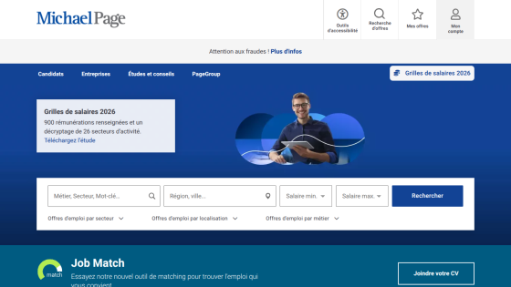 Michael Page job search homepage with salary grids 2026 info and search filters for job title, location, and salary